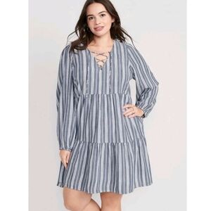 Old Navy New Striped Tiered Lace-Up Mini Swing Dress Blue White Size L
